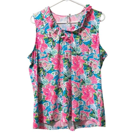 Lulu-B Women Size XL Sleeveless Ruffle Neck Hawaiian Floral Stretch Lightweight - Picture 1 of 9